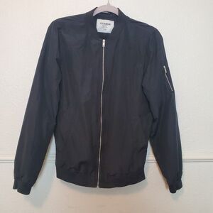 Pull&Bear Jacket Mens Sz S Black Zip Pockets‎ Nylon Full Zip Bomber Lined